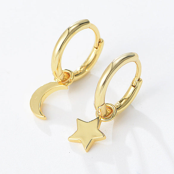 Women's S925 Sterling Silver Star Moon Asymmetric Goldplated Earrings Set With Diamonds Minimalist Style