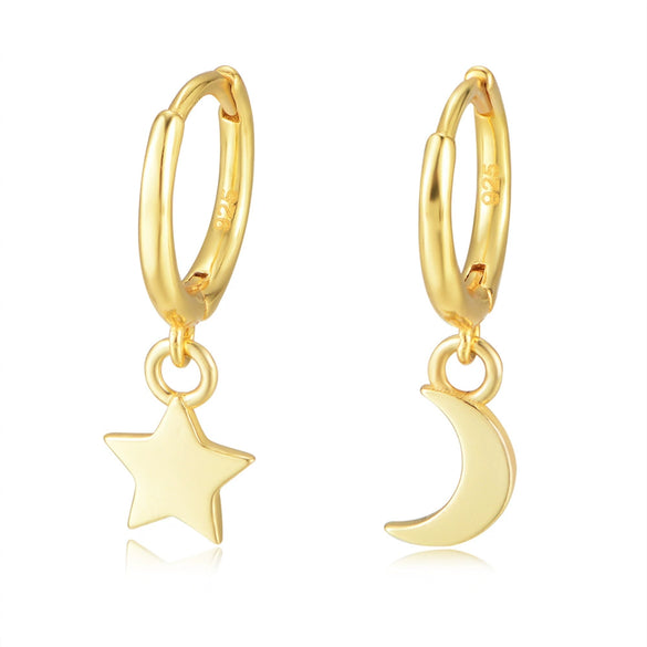 Women's S925 Sterling Silver Star Moon Asymmetric Goldplated Earrings Set With Diamonds Minimalist Style