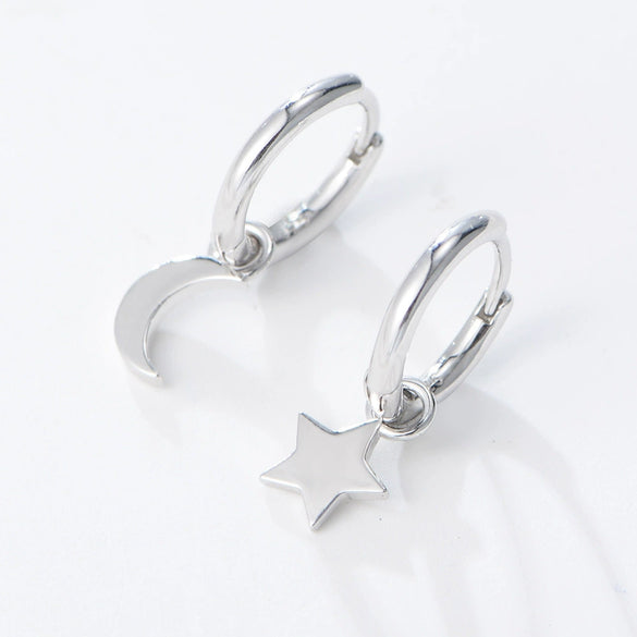 Women's S925 Sterling Silver Star Moon Asymmetric Goldplated Earrings Set With Diamonds Minimalist Style