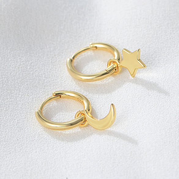 Women's S925 Sterling Silver Star Moon Asymmetric Goldplated Earrings Set With Diamonds Minimalist Style