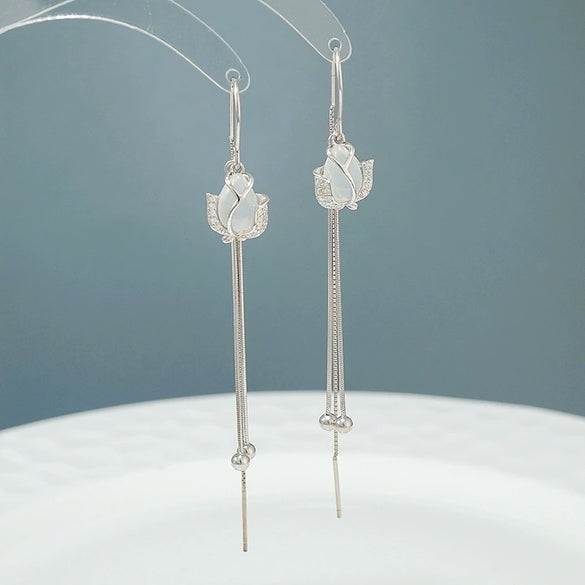 Women's S925 Sterling Silver Tulip Chalcedony Tassel Earrings Elegant Long Floral Ear Line Drop Earrings