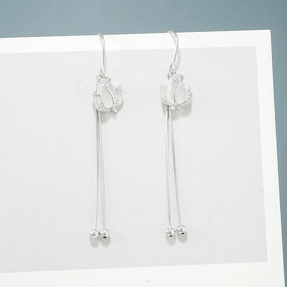 Women's S925 Sterling Silver Tulip Chalcedony Tassel Earrings Elegant Long Floral Ear Line Drop Earrings