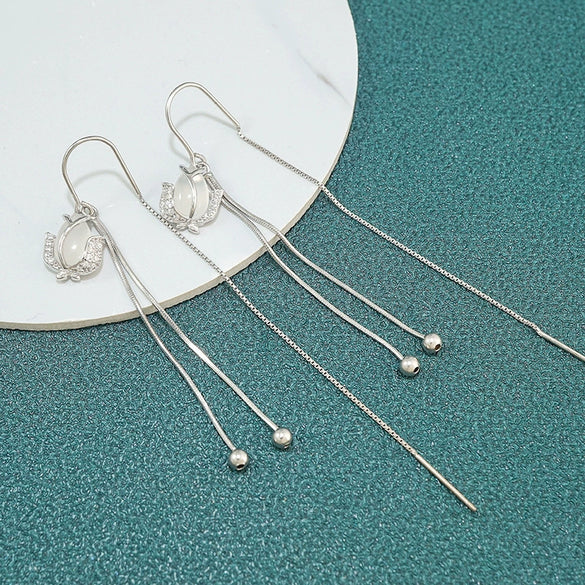 Women's S925 Sterling Silver Tulip Chalcedony Tassel Earrings Elegant Long Floral Ear Line Drop Earrings