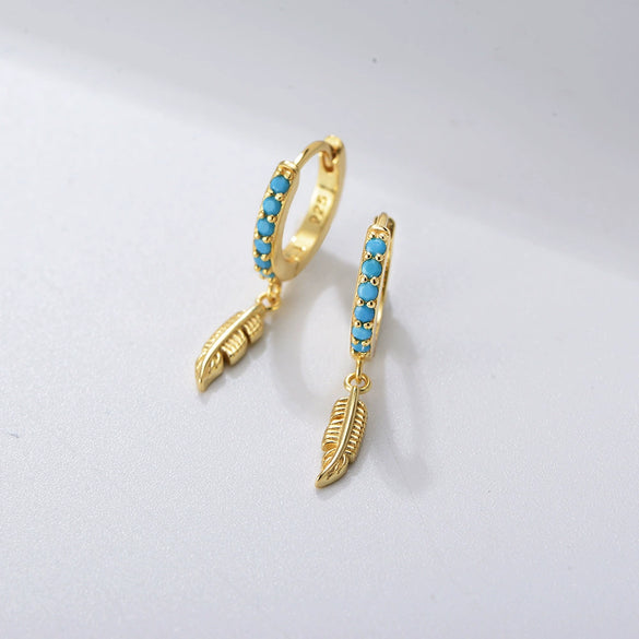 Women's S925 Sterling Silver Turquoise Feather Ear Jewelry With Diamond Design