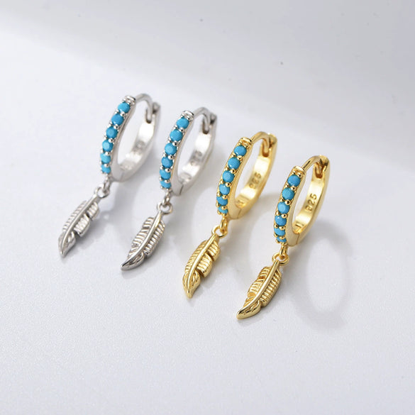 Women's S925 Sterling Silver Turquoise Feather Ear Jewelry With Diamond Design