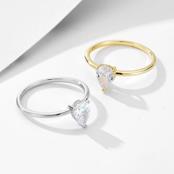 Women's S925 Sterling Silver Water Drop Zircon Ring Simulated Diamond Classic Style Hand Jewelry