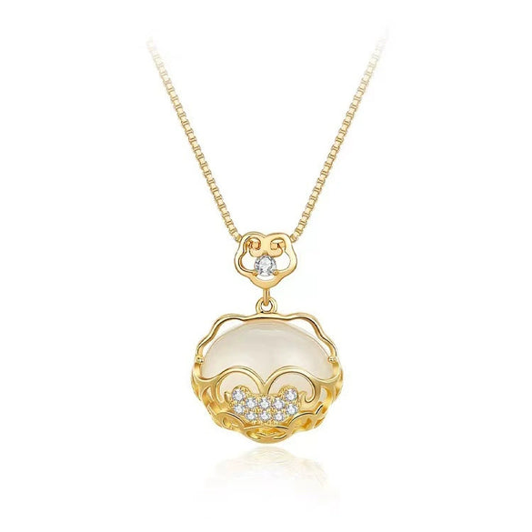 Women's S925 Sterling Silver White Chalcedony Ping An Lock Pendant Necklace Geometric Light Luxury Electroplated Cross Chain