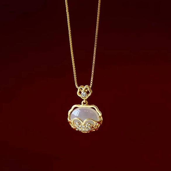Women's S925 Sterling Silver White Chalcedony Ping An Lock Pendant Necklace Geometric Light Luxury Electroplated Cross Chain