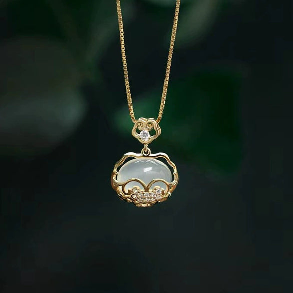 Women's S925 Sterling Silver White Chalcedony Ping An Lock Pendant Necklace Geometric Light Luxury Electroplated Cross Chain
