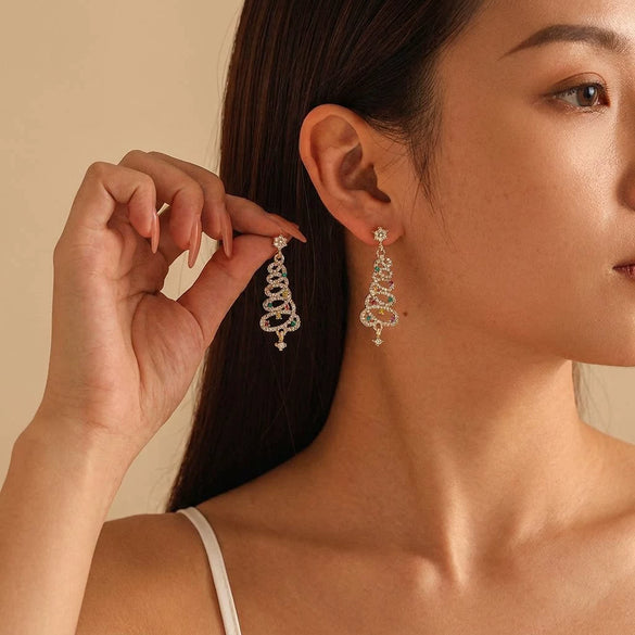 Women's Santa Claus Christmas Tree Drop Earrings With Rhinestone Accents Alloy Electroplated Cartoon Holiday Ear Hooks