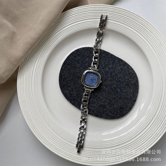 Women's Sea Blue Motherofpearl Sugar Cube Metal Case Ordinary Glass Mirror Bracelet Watch Simple Cold Light Luxury Style