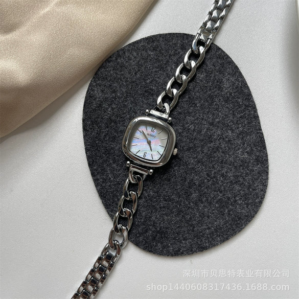 Women's Sea Blue Motherofpearl Sugar Cube Metal Case Ordinary Glass Mirror Bracelet Watch Simple Cold Light Luxury Style