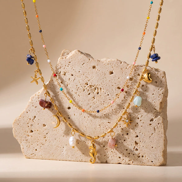 Women's Seahorse Heart Pendant Stainless Steel Double Layer Necklace With Pearls Rhinestones And Natural Stones Geometric Plated Design