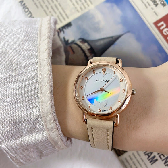 Women's Shell Dial Alloy Case Ordinary Glass Mirror Pointer Watch Retro Leather Leisure Style