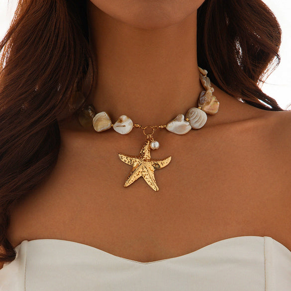 Women's Shell Imitation Pearl Alloy Animals Zodiac Signs Handmade Starfish Conch Necklace