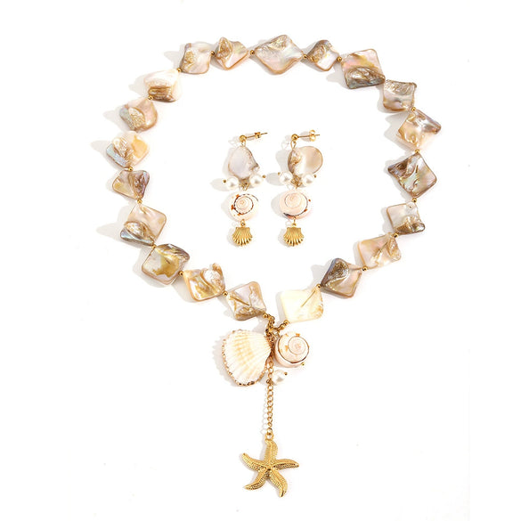 Women's Shell Stainless Steel Highend Ocean Style Electroplated Necklace And Earrings Jewelry Set With Ball Chain