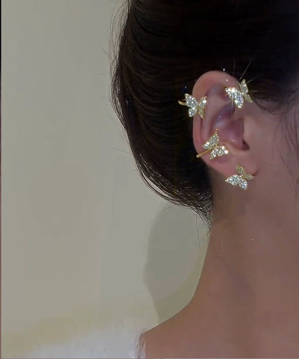 Women's Shining Butterfly Ear Clip Earrings With Gold Plated Artificial Gemstones Electroplated Metal Fairy Style Statement Jewelry