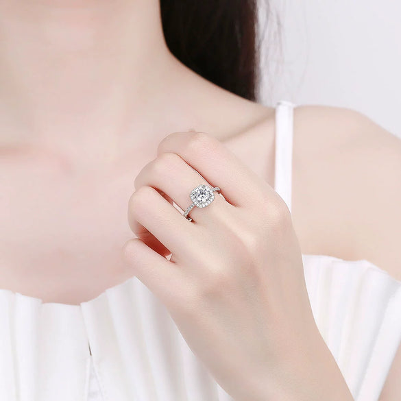 Women's Silver Adjustable Open Ring With Square Geometric High Carbon Stone Micro Set Electroplated Finish