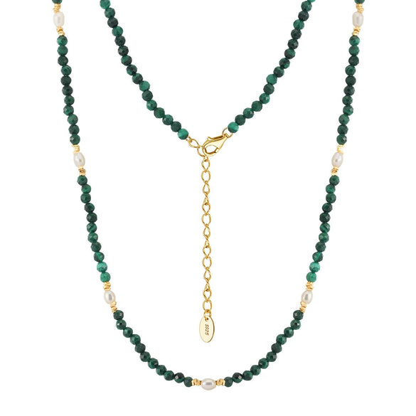 Women's Silver Ball Chain Natural Freshwater Pearl And Malachite Beaded Necklace Geometric Style Jewelry