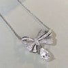 Women's 925 Silver Bow Water Drop Pendant Necklace With Full Diamond Inlay And Platinum Plating