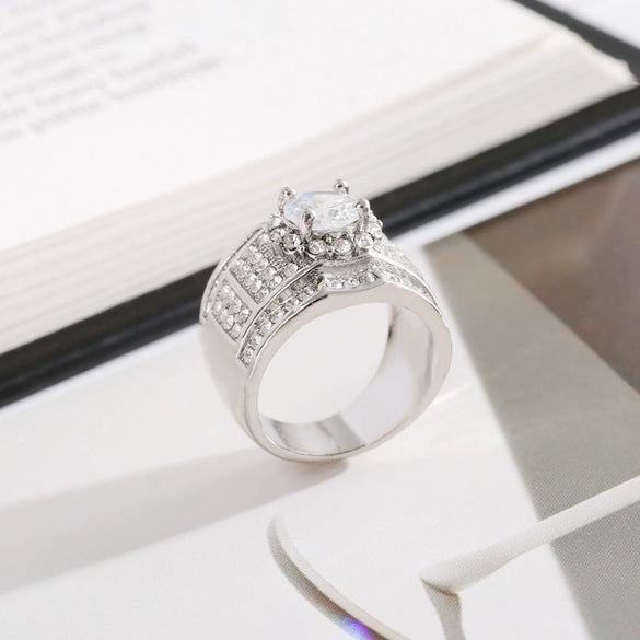 Women's Silver Color Alloy Geometric Ring With White Zircon Inlay Electroplated Luxury Fashion Jewelry