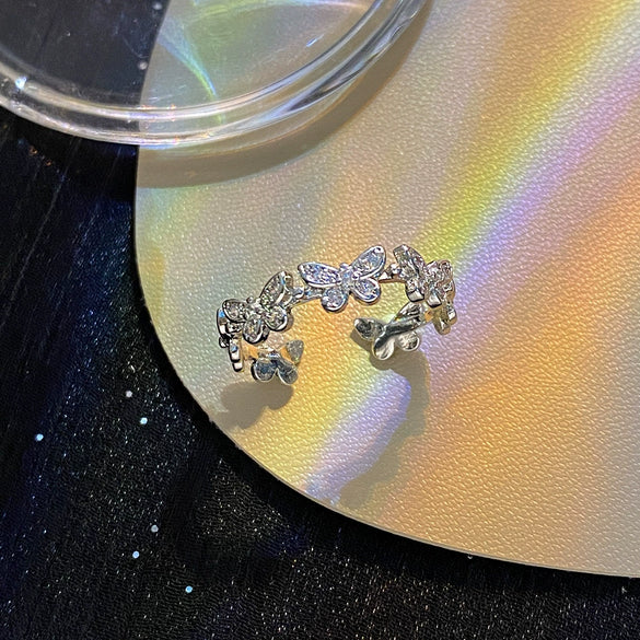 Women's Silver Copper Butterfly Ring With Animal Pattern And Diamond Design