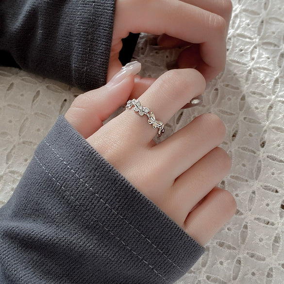 Women's Silver Copper Butterfly Ring With Animal Pattern And Diamond Design