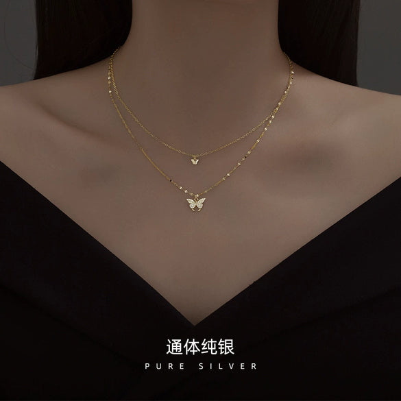 Women's 925 Silver Double Butterfly Necklace With Cross Chain Electroplated Fresh Style Pendant