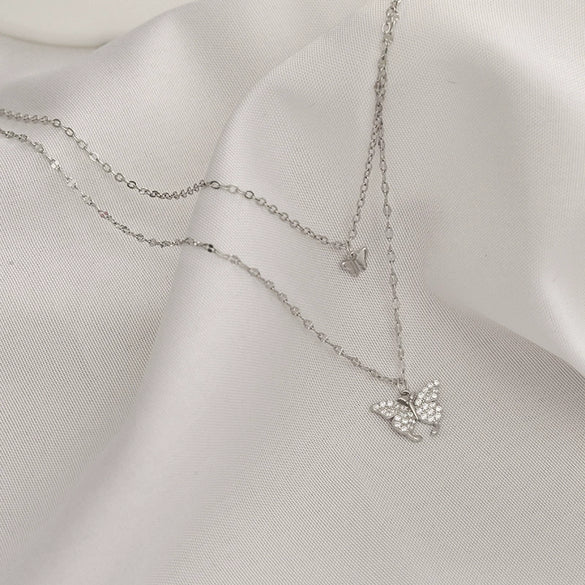Women's 925 Silver Double Butterfly Necklace With Cross Chain Electroplated Fresh Style Pendant