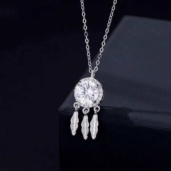 Women's Silver Dream Catcher Pendant Necklace With Moissanite Inlay Light Luxury Geometric Clavicle Chain