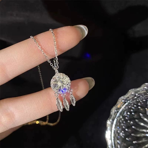 Women's Silver Dream Catcher Pendant Necklace With Moissanite Inlay Light Luxury Geometric Clavicle Chain