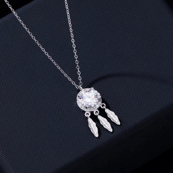 Women's Silver Dream Catcher Pendant Necklace With Moissanite Inlay Light Luxury Geometric Clavicle Chain