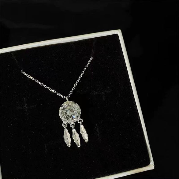 Women's Silver Dream Catcher Pendant Necklace With Moissanite Inlay Light Luxury Geometric Clavicle Chain