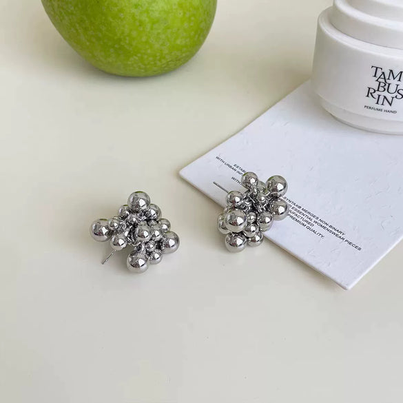Women’s Silver Geometric Bubble Ball Statement Earrings With Electroplated Finish And Beaded Design