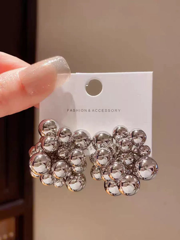 Women’s Silver Geometric Bubble Ball Statement Earrings With Electroplated Finish And Beaded Design