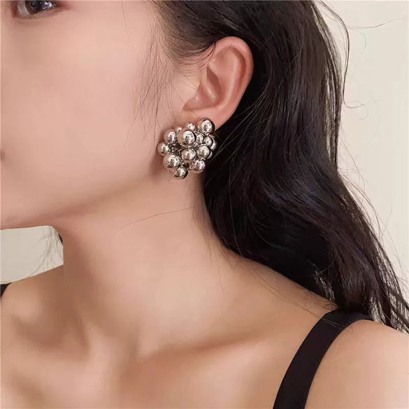 Women’s Silver Geometric Bubble Ball Statement Earrings With Electroplated Finish And Beaded Design