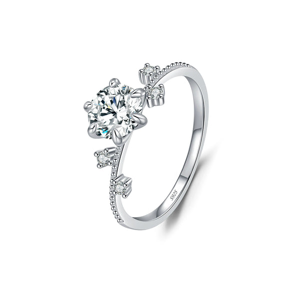 Women's Silver Geometric Classic Sixclaw Ring With Diamond