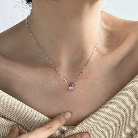 Women's 925 Silver Geometric Cross Chain Clavicle Necklace With Pink Zircon Pendant And Electroplating Design