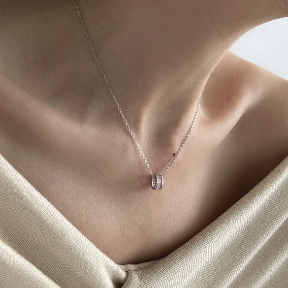 Women's 925 Silver Geometric Cross Chain Clavicle Necklace With Pink Zircon Pendant And Electroplating Design