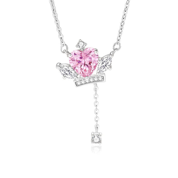 Women's 925 Silver Geometric Heart Love Crown Pendant Necklace With Tassel And Zircon