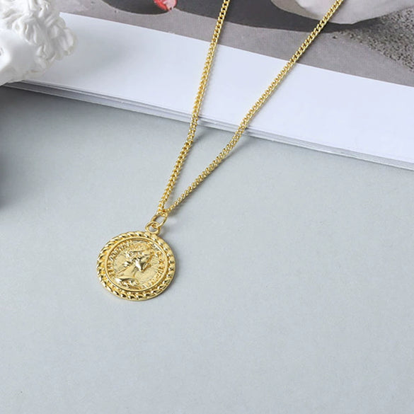 Women's Silver Geometric Portrait Round Coin Necklace Copper Electroplating Accessories