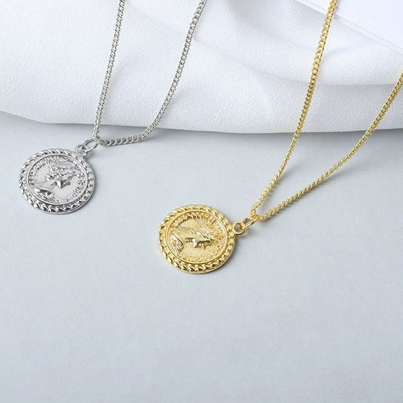 Women's Silver Geometric Portrait Round Coin Necklace Copper Electroplating Accessories