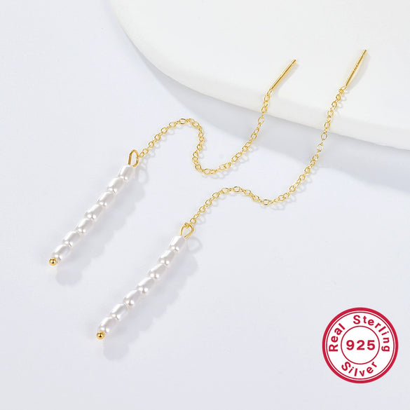 Women's 925 Silver Geometric Ushaped Natural Style Rice Beads Shell Beads Long Tassel Earrings