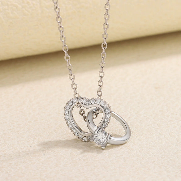 Women's 925 Silver Heart Pendant Necklace With Double Ring Cross Chain Micro Inlay Light Luxury Clavicle Chain