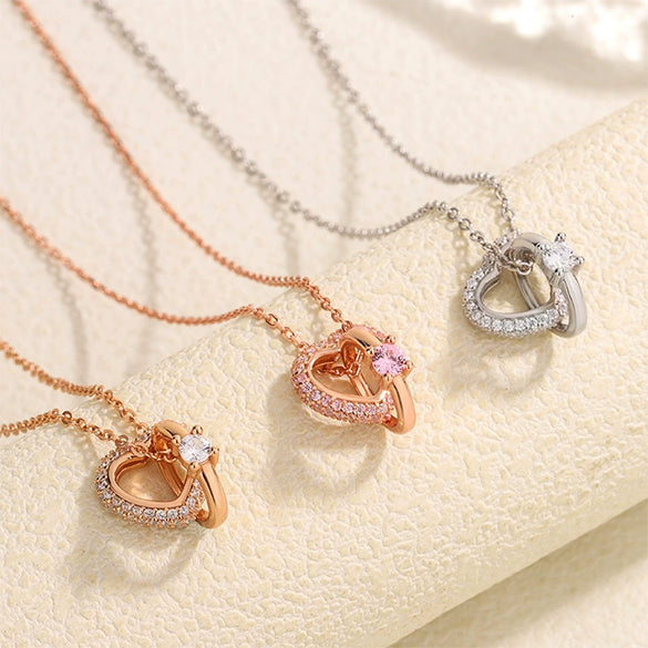 Women's 925 Silver Heart Pendant Necklace With Double Ring Cross Chain Micro Inlay Light Luxury Clavicle Chain