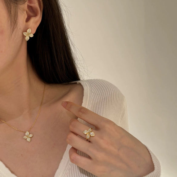 Women's 925 Silver Jewelry Set With Plants Flowers Pattern Minimalist Style Clavicle Chain Included