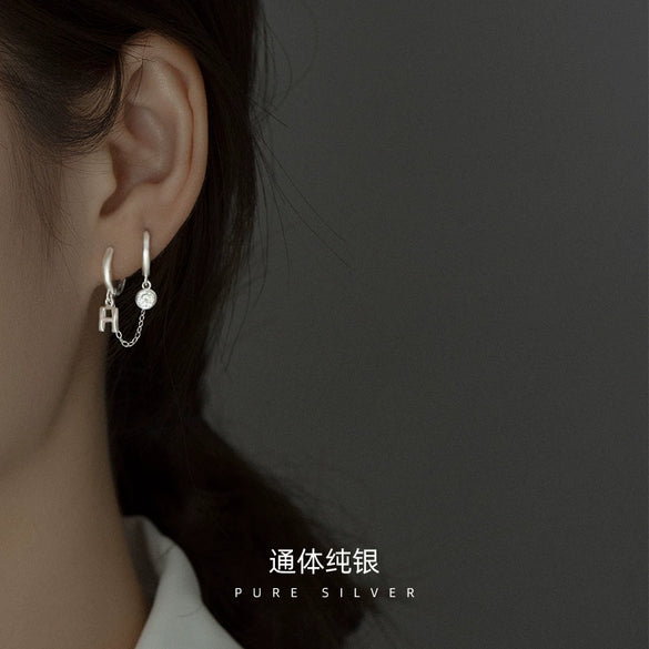 Women's Silver Letter H Double Piercing Earrings With Electroplated Finish And Minimalist Design