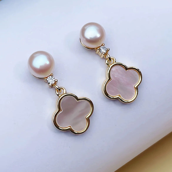 Women's 925 Silver Pearl Fourleaf Clover Earrings