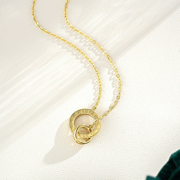 Women's Silver Pendant Necklace With Flower Shape Set With Diamonds And Roman Numeral Pattern Plated With 14K Gold