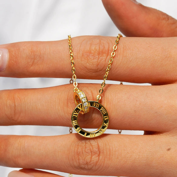 Women's Silver Pendant Necklace With Flower Shape Set With Diamonds And Roman Numeral Pattern Plated With 14K Gold